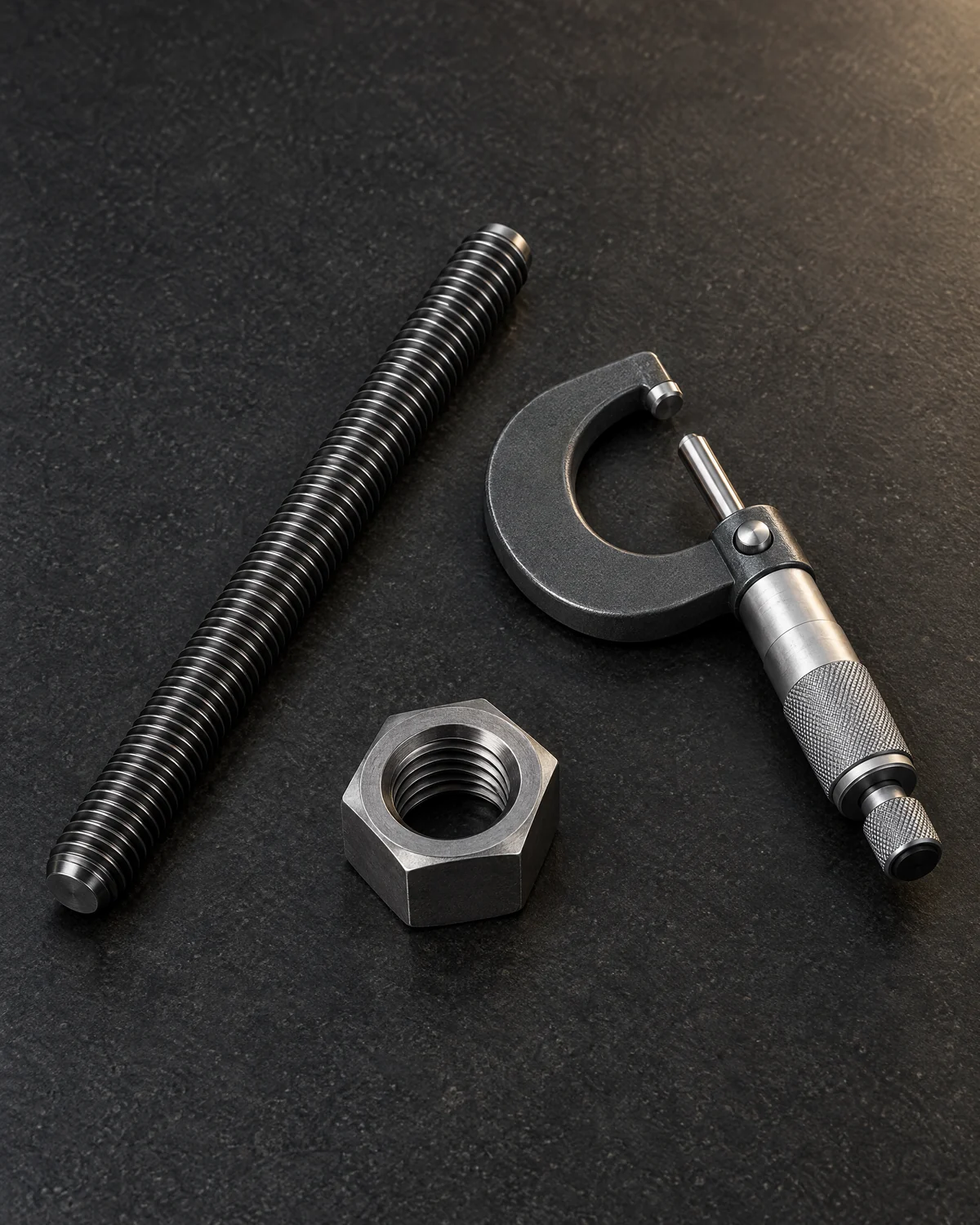 Threaded components and a precision measuring instrument on an inspection bench