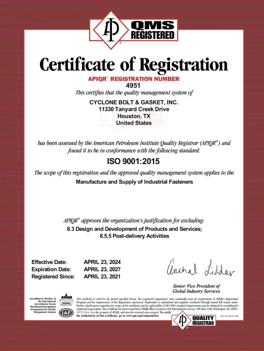 Cyclone Bolt published ISO 9001:2015 certificate