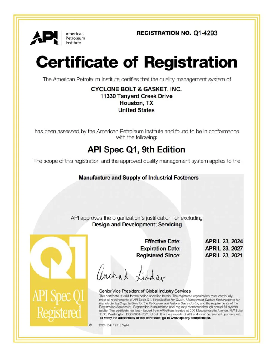 Cyclone Bolt published API Spec Q1 certificate