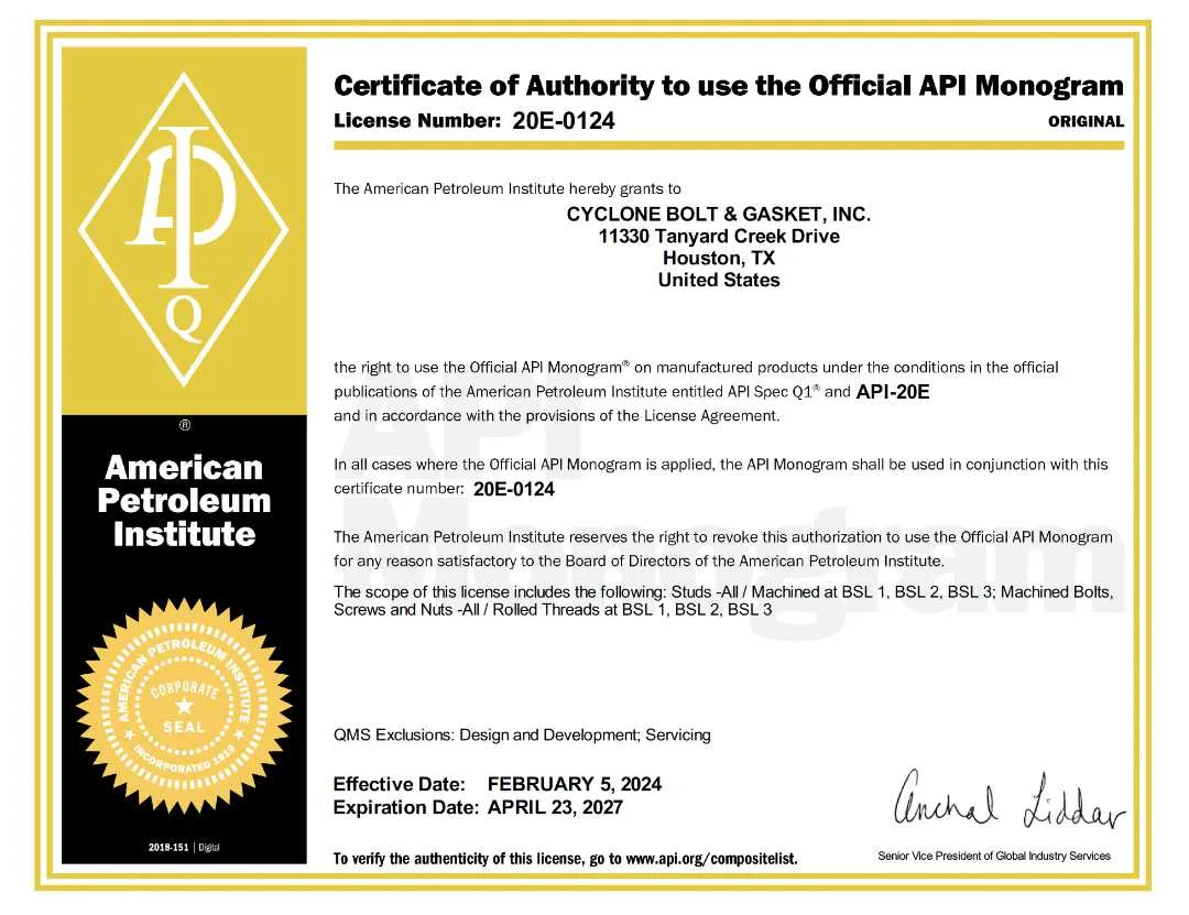 Cyclone Bolt published API 20E certificate